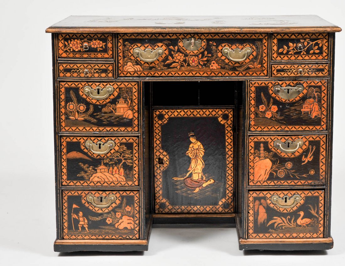 REGENCY BLACK AND GOLD CHINOISERIE KNEEHOLE DESK (1 of 7)