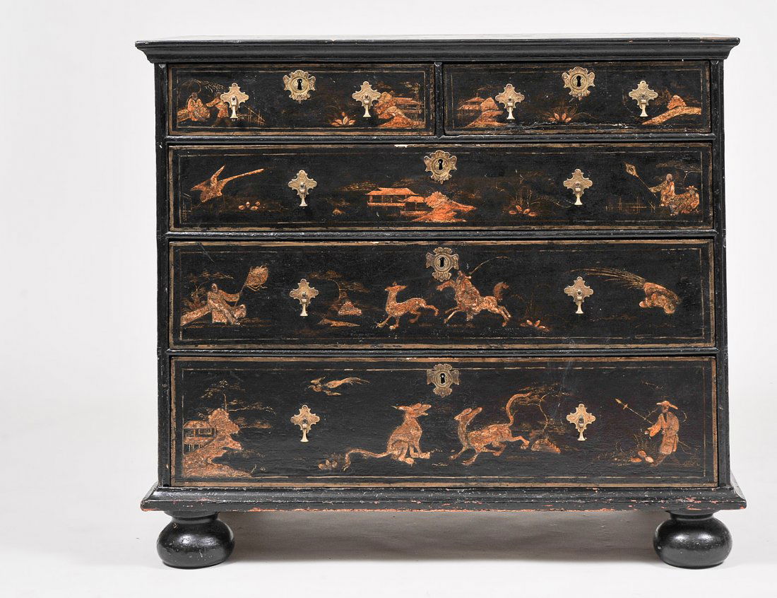 QUEEN ANNE STYLE BLACK AND GOLD CHINOISERIE CHEST OF (1 of 3)