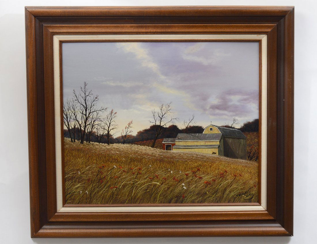 THOMAS KERRY (American. 20th/21st Century): “Autumn Dusk”. Signed l/r. Oil on Board. Measuring 20” by 24”. Framed. (Cond: good) (200/300)