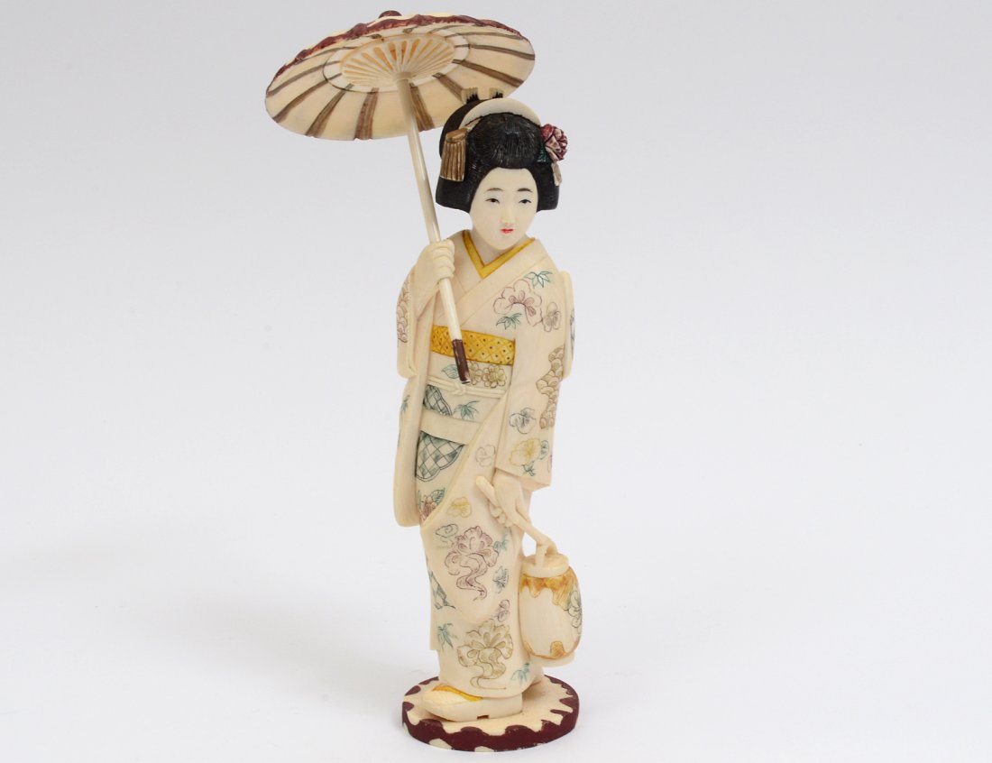 CARVED AND POLYCHROMED IVORY FIGURE OF A GEISHA (1 of 7)