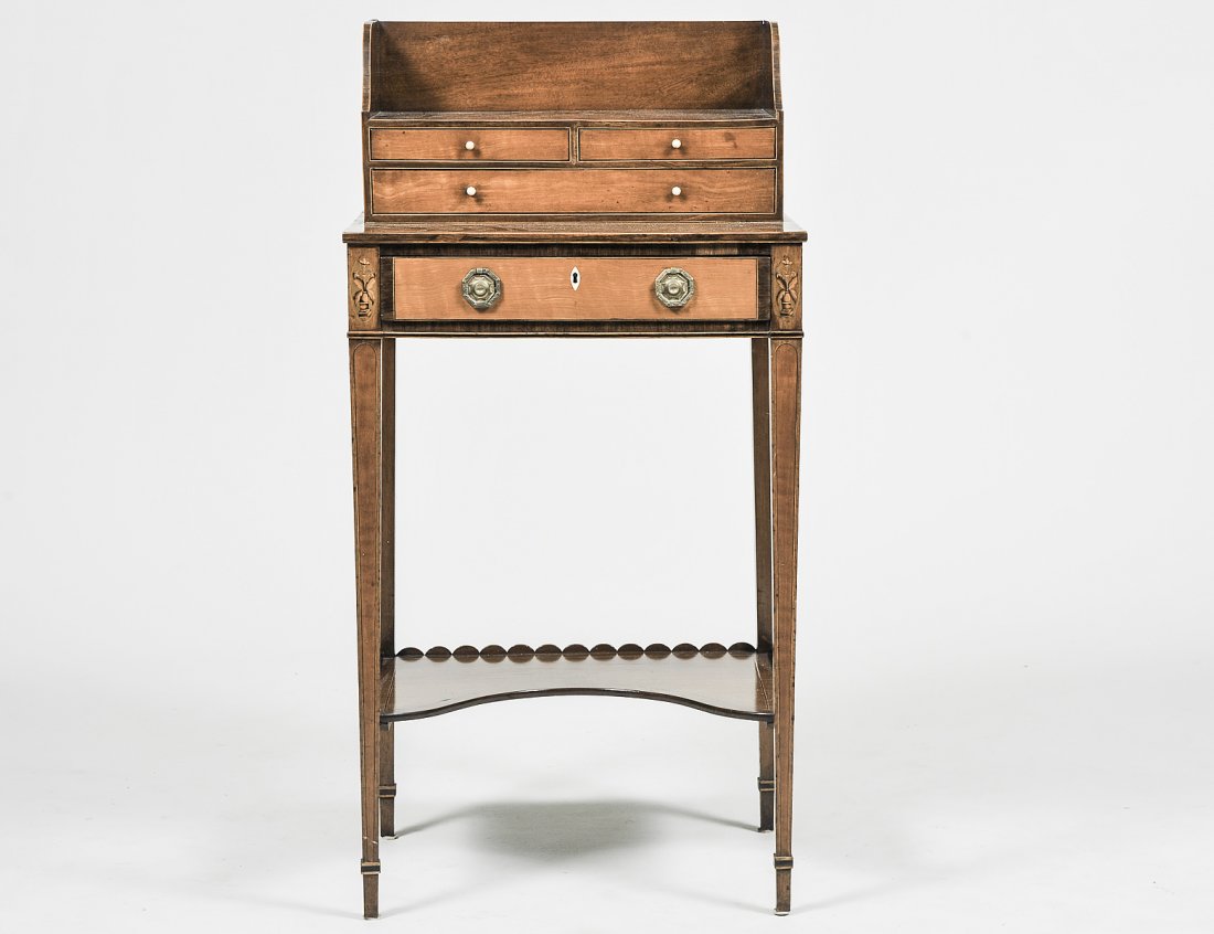 GEORGE III MAHOGANY AND SATINWOOD SMALL BONHEUR DU JOUR (1 of 5)