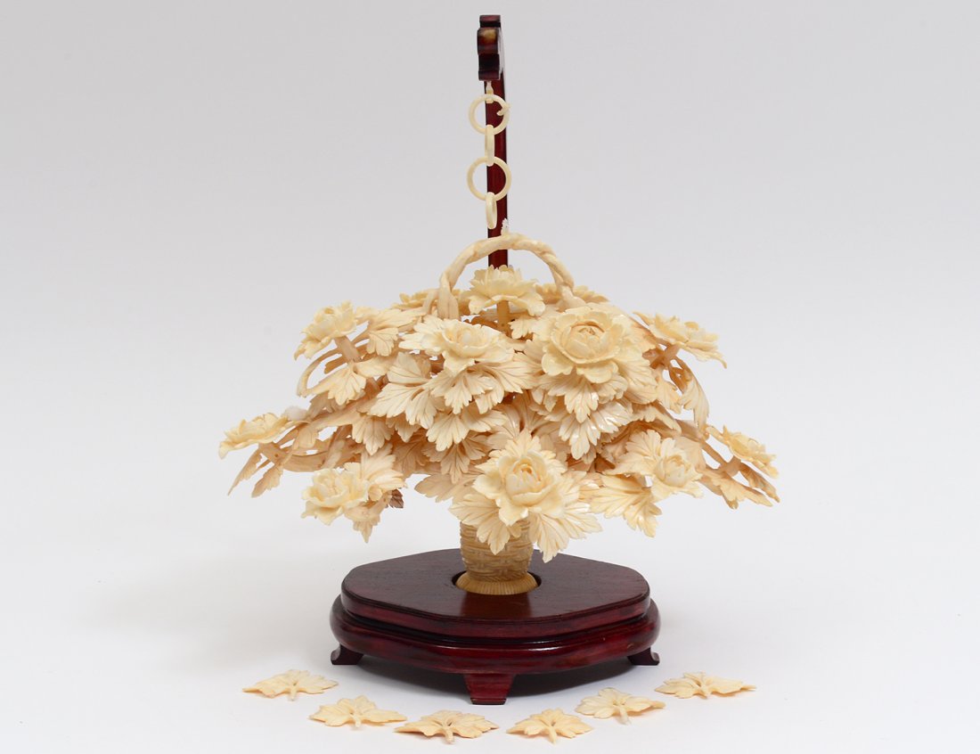 CARVED IVORY FLOWER-FILLED BASKET (1 of 10)