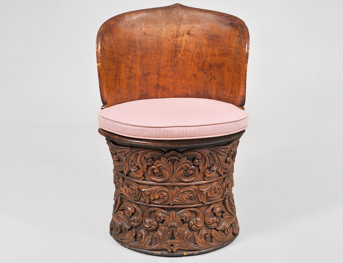 UNUSUAL CONTINENTAL CARVED WALNUT BARREL CHAIR (1 of 6)