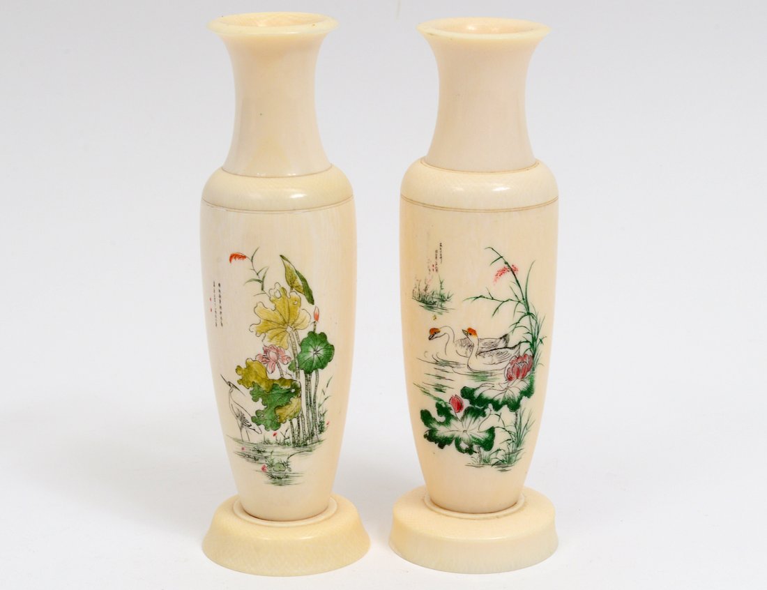 PAIR OF ETCHED AND POLYCHROMED IVORY VASES (1 of 7)