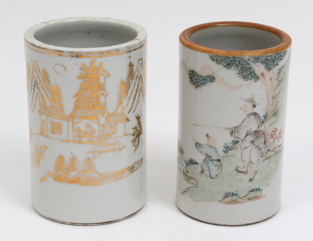 TWO ENAMEL DECORATED PORCELAIN BRUSH POTS (1 of 5)