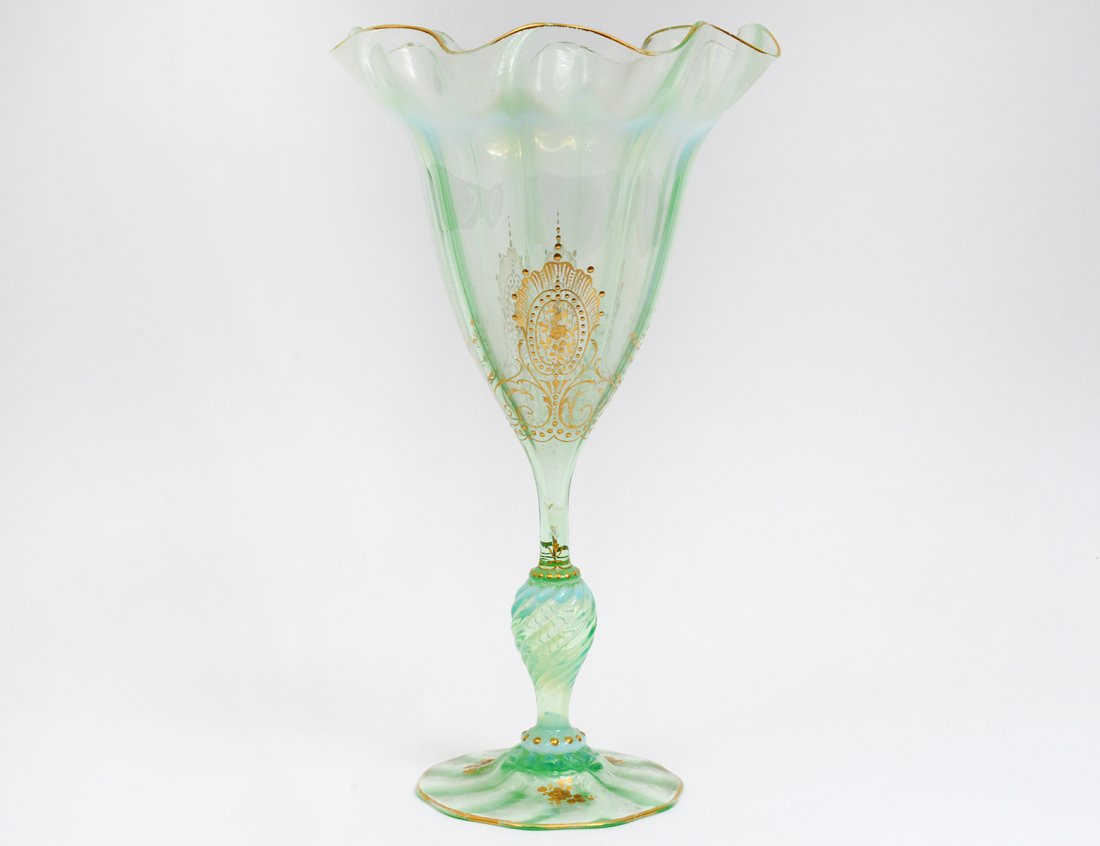 GILT ENAMELED GLASS VASE: European. 20th Century. With ribbon mouth. Height 12 1/4". (100/150)