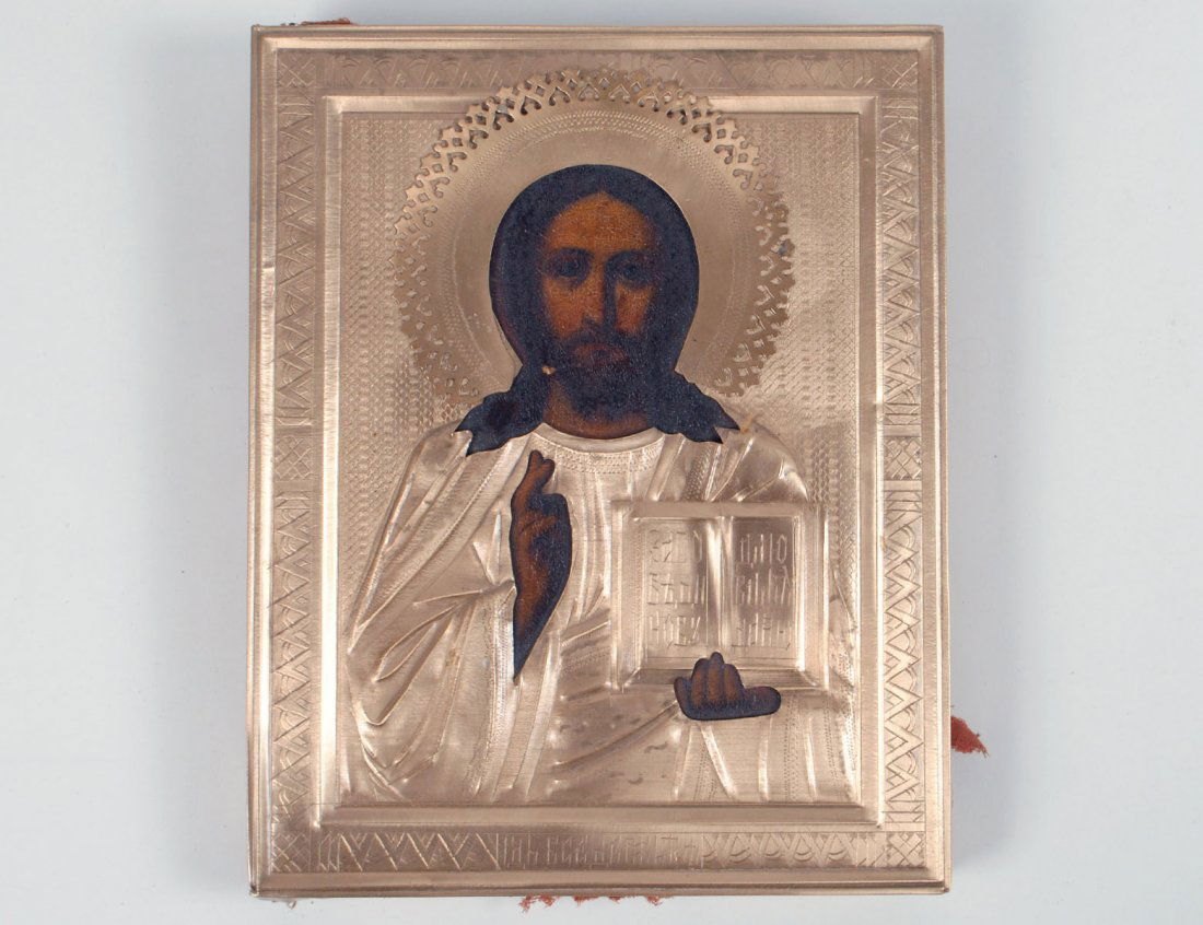 RUSSIAN GILT METAL ICON OF CHRIST PANTOCRATOR (1 of 2)
