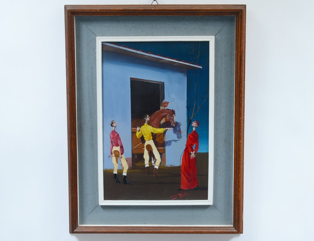 MARIO Dâ€™ELIA (Italian. 20th Century): â€œFutina and Fouantini Al Foreâ€. Signed l/r. Verso signed, dated 1968 and indistinctly titled. Oil on Canvas. Framed under glass. (Cond: good) (50/500)