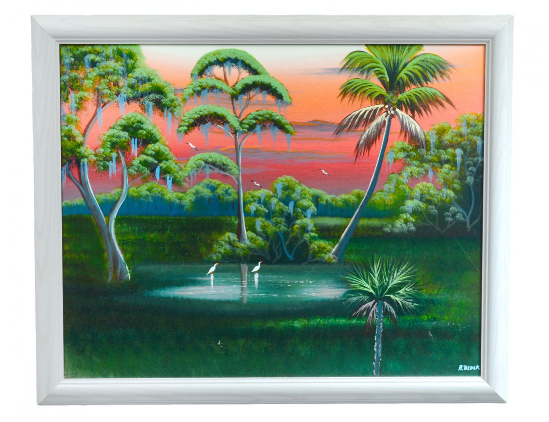 AL BLACK/FLORIDA HIGHWAYMEN (American. 20th Century): "Sunset Over the Marsh". Signed l/r. Oil on Canvas Board. Measuring 23 1/2" by 29 1/2". Framed. (Cond: good) (50/500)