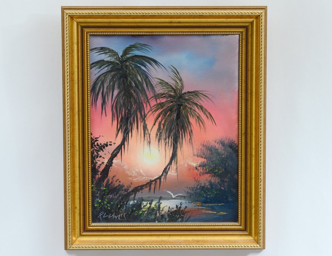 R.L. LEWIS/FLORIDA HIGHWAYMEN (American. 20th Century): "Sunset with Palms". Verso signed by the artist. Oil on Board. Measuring 17" by 14". Framed. (Cond: good) (50/500)