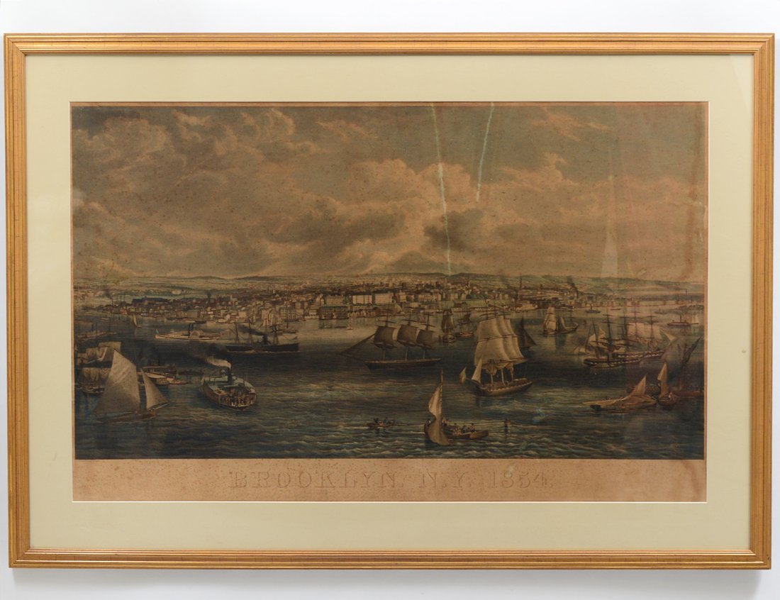 19th CENTURY HAND COLORED ENGRAVING WOODCUT: Depicting Brooklyn. Dated 1854. Artist Benjamin F. Smith (American. 1830-1927) Engraver William Wellstood (American. 1819-1900) Engraver Henry Peters (American. 19th Century) Measuring 24” by 41”.