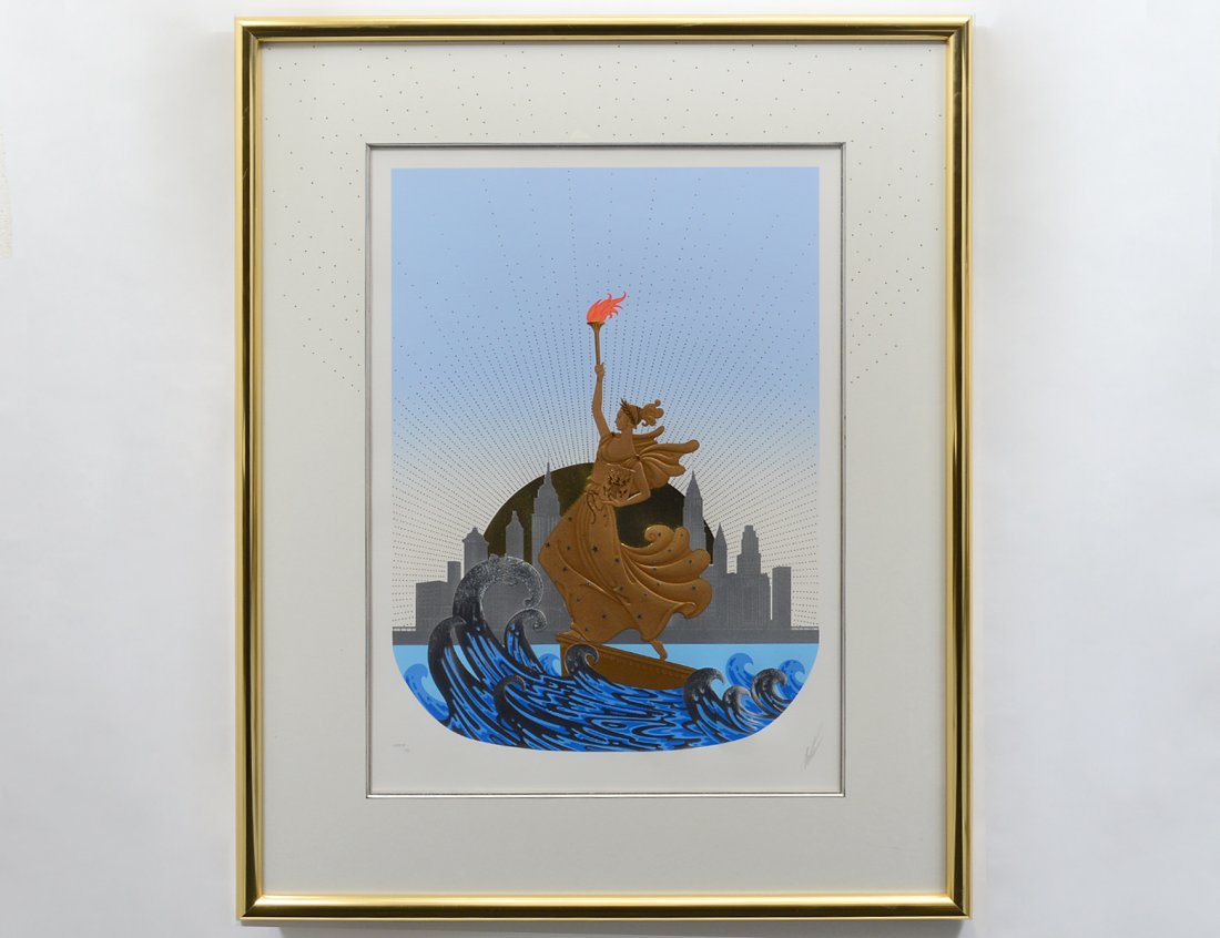ROMAIN DE TIRTOFF “ERTE” (Russian/French. 1892-1990): “Statue of Liberty Suite”. Signed in pencil l/r, numbered 83/150 and dated 1986.Serigraph with Embossing. Framed under Plexiglas. (Cond: good) (500/700)