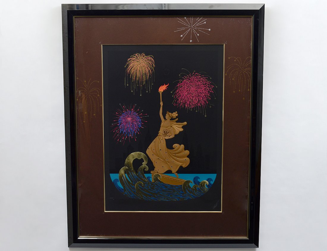 ROMAIN DE TIRTOFF “ERTE” (Russian/French. 1892-1990): “Statue of Liberty (Night)”. Signed l/r, numbered 63/150 and dated 1986.Serigraph. Measuring 28” by 20”. Framed under Plexiglas. (Cond: good) (500/700)