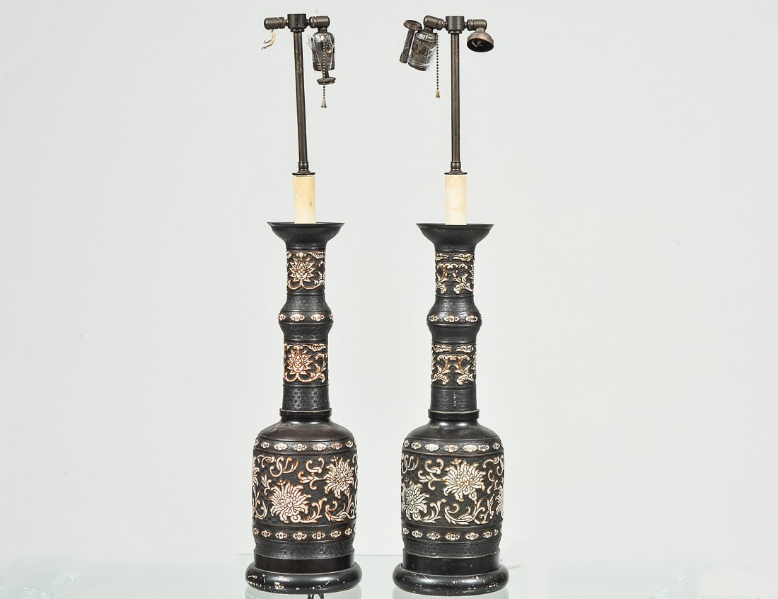 PAIR OF ENAMELED METAL LAMPS: Japanese. In the champleve manner. Overall height 33". (200/300)