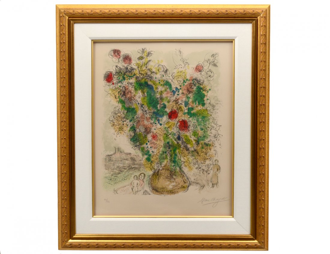 MARC CHAGALL (French/Russian. 1887-1985): “Roses and Mimosa”. M. 733. Dated 1975. Signed in pencil l/r. Numbered 43/50. Color Lithograph. Image measuring 26” by 20”. Framed under Plexiglas. (Cond: good) (25000/30000)
