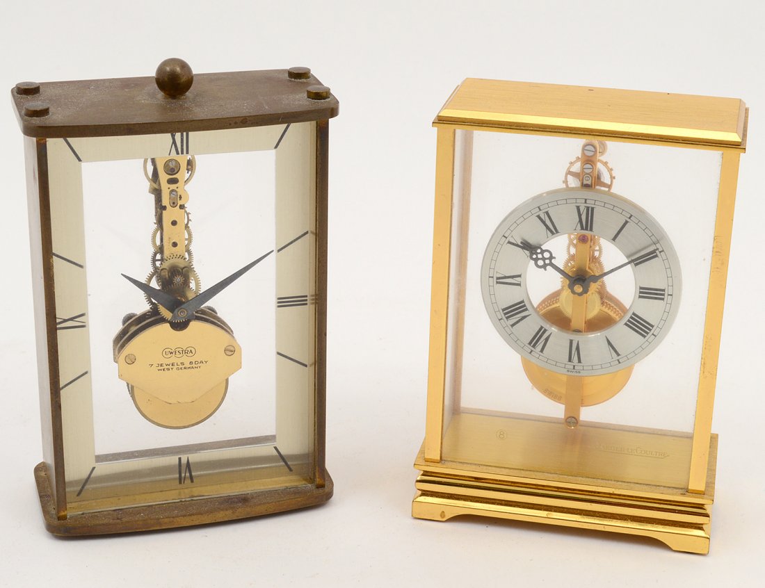 LE COULTRE DESK CLOCK: Swiss. Height 4". Together with an Uwestra metal desk clock. German. Height 4 1/4". (2 pcs) (300/400)