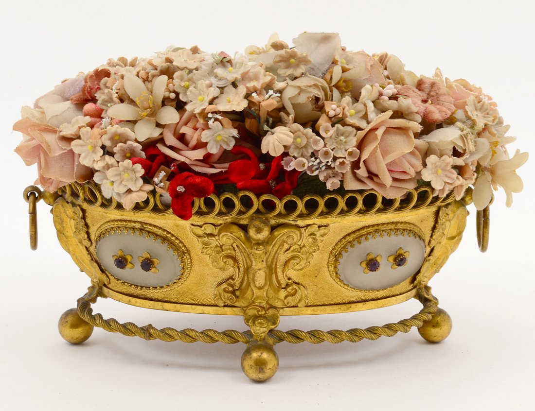 GILT BRONZE AND GLASS TABLE JARDINIERE: French. Circa 1900. Of oval form, raised on ball feet. Length 7 3/4". (200/250)