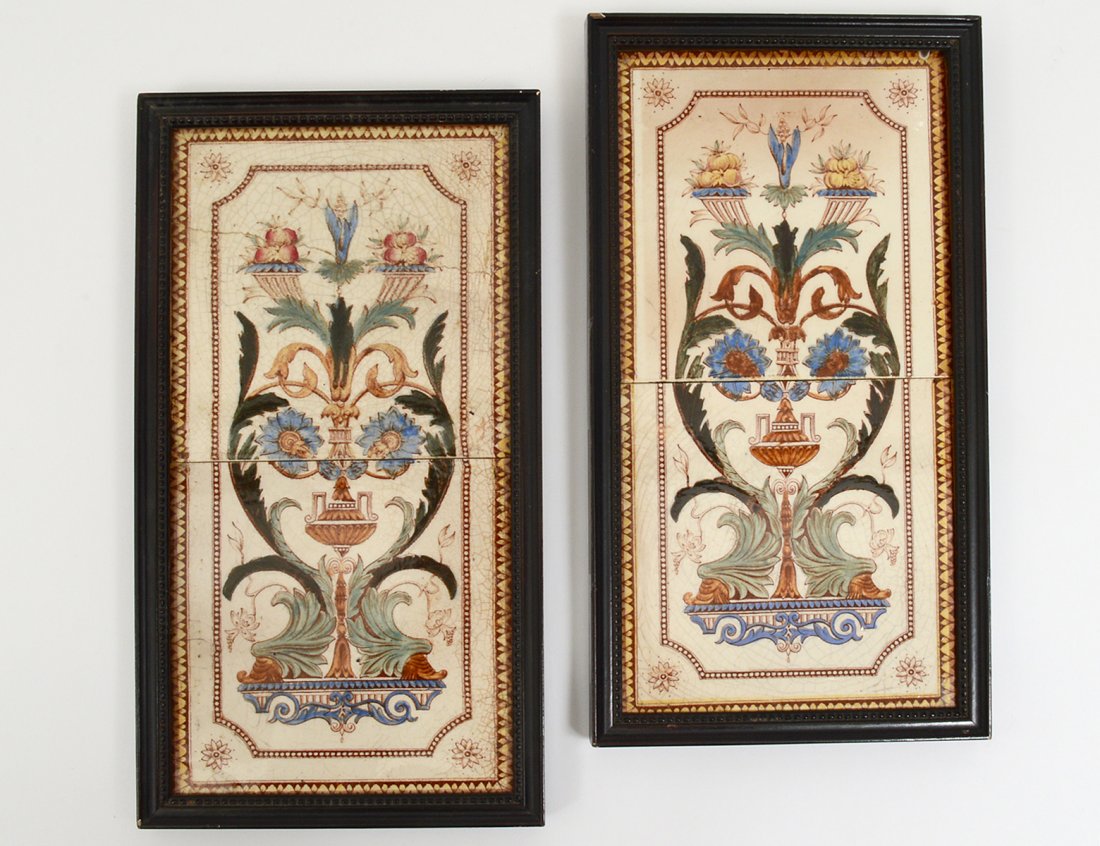 PAIR OF FRAMED TILES: English. Each in two parts. Framed. Measuring 12" by 6". (200/300)