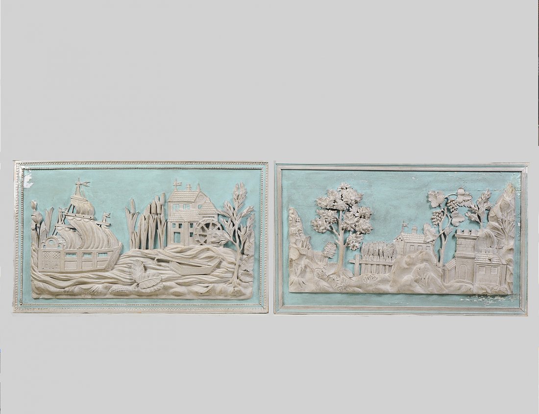PAIR OF IMPRESSIVE CARVED AND PAINTED WOOD PANELS (1 of 3)
