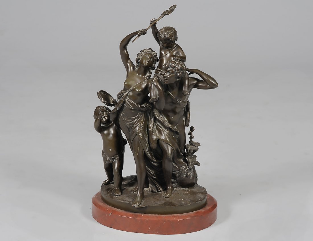 AFTER CLAUDE-MICHEL CLODION (French. 1738-1814): "Bacchanal Group". Cast signature. Bronze with Brown Patina. Mounted on a marble base. Height 17 3/4". (500/700)