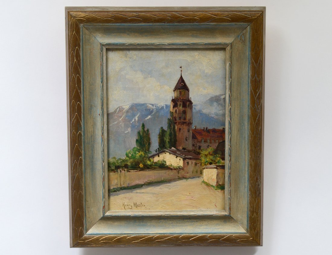 HENRY MOSLER (French/American. 1841-1920): “Mountain Village”. Signed l/l. Indistinct inscription l/r. Oil on Canvas. Measuring 10 1/2” by 7 1/2”. Framed. (Cond: yellowing to varnish, crazing, Small hole in canvas) (500/700)
