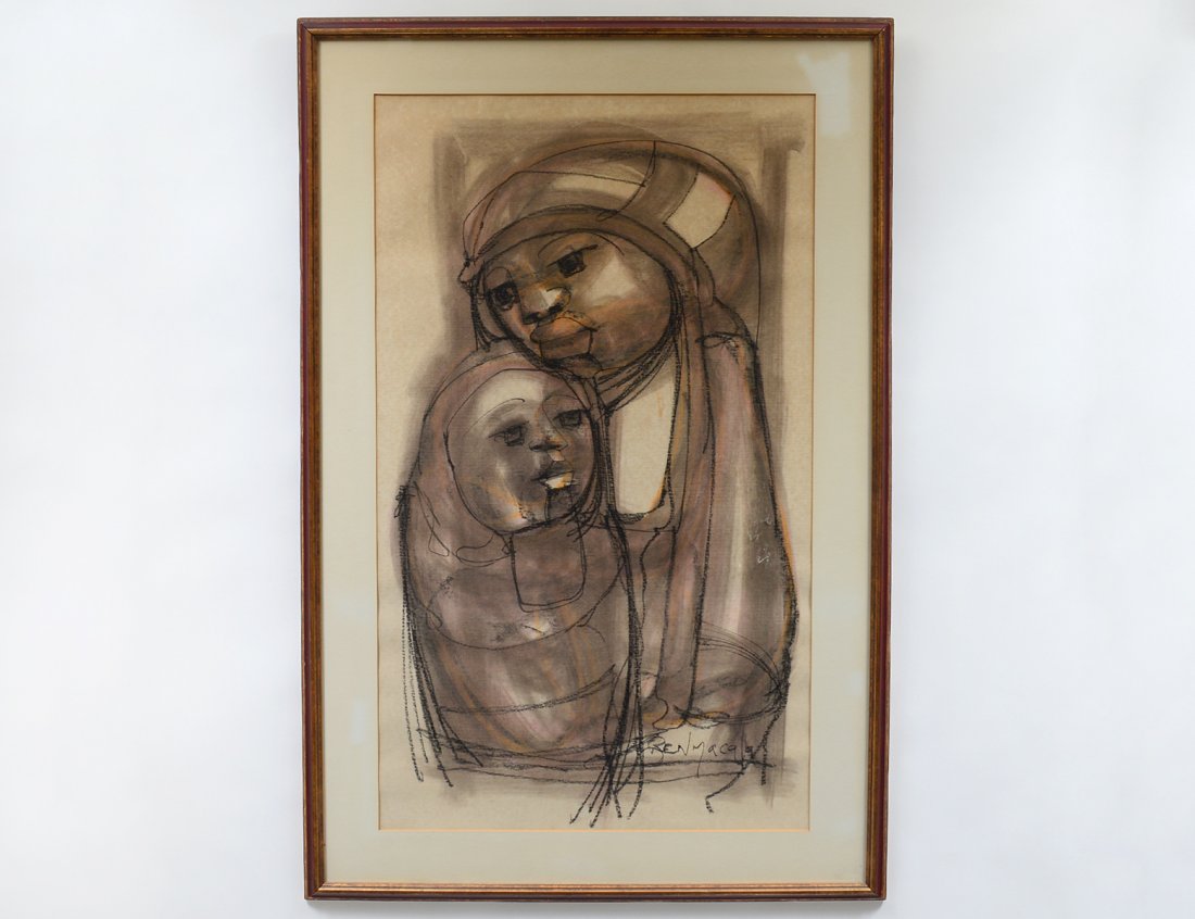 BEN MACALA (South African. 1938-1997): “Mother and Child”. Signed l/r. Charcoal/Pastel on Paper. Measuring 39” by 22”. Framed under Plexiglas. (Cond: good) (150/200)
