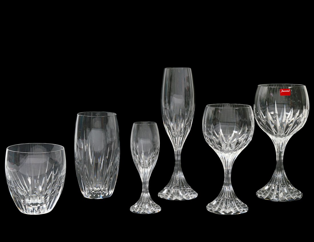 FIFTY-THREE PIECE BACCARAT CRYSTAL PART STEMWARE SET: French. Acid stamped. Comprising: ten red wine, eight water, eight port, eleven champagne flute, eight white wine and eight old fashioned. (2000/3000)