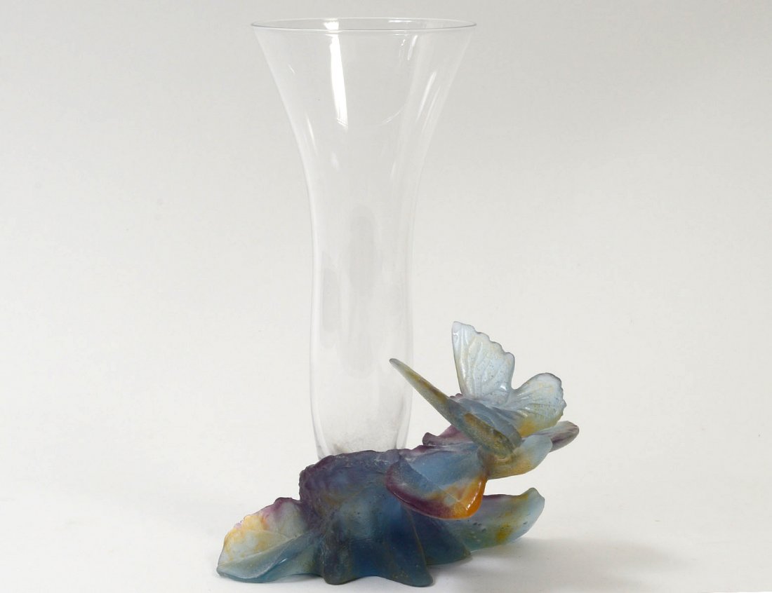 DAUM CRYSTAL AND PATE DE VERRE "BUTTERFLY" VASE: French. Signed. Height 8 1/4". (150/300)