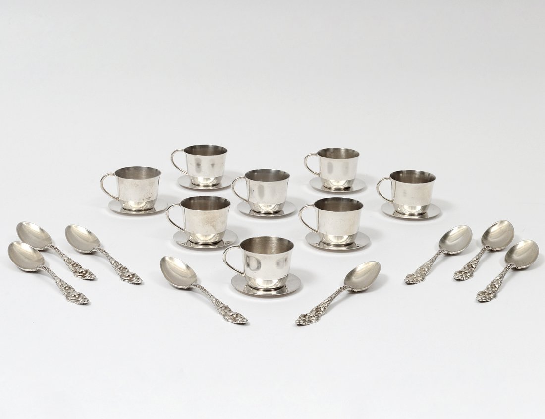 SET OF EIGHT STERLING SILVER MINIATURE CUPS AND SAUCERS (1 of 4)