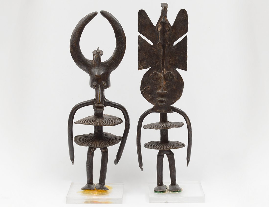 TWO AFRICAN PATINATED BRONZE BENIN FIGURES (1 of 4)