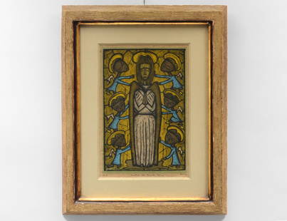 ANGEL BOTELLO (Puerto Rican. 1913-1986): “Madonna” from the Santos de Puerto Rico Series. Signed l/r. Inscribed G-9 l/l. Verso dated 1957. Color Woodblock on Paper. Measuring 14” by 9 1/2”. Framed under glass. (Cond: good) (500/700)