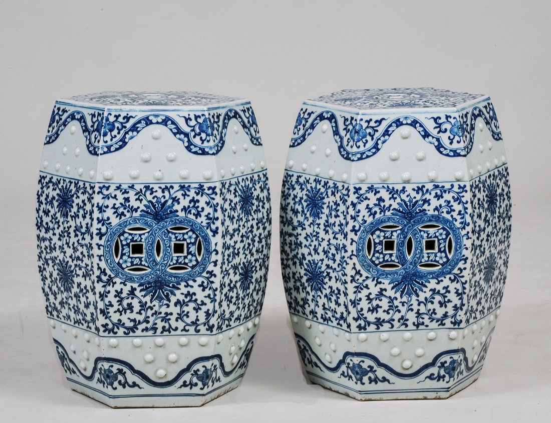 PAIR OF BLUE AND WHITE PORCELAIN GARDEN SEATS: Chinese. 20th Century. Each of hexagonal form with pierced top and sides. Height 18 3/4". (600/800)