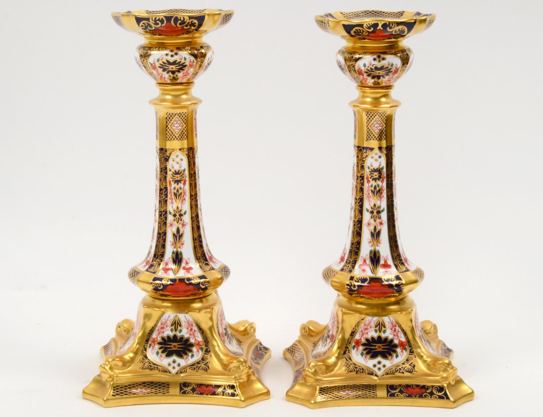 PAIR OF ROYAL CROWN DERBY PORCELAIN CANDLESTICKS (1 of 3)
