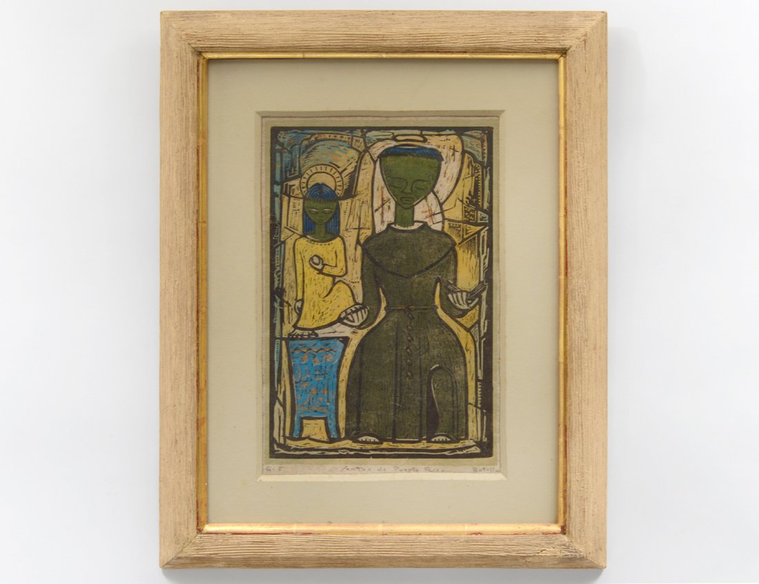 ANGEL BOTELLO (Puerto Rican. 1913-1986): “St. Joseph and the Christ Child” from the Santos de Puerto Rico series. Signed l/r. Inscribed G-5 l/l. Verso dated 1957. Color Woodblock on Paper. Measuring 14” by 9 1/4”. Framed under glass.