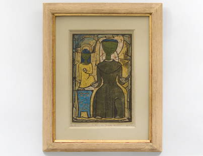 ANGEL BOTELLO (Puerto Rican. 1913-1986): “St. Joseph and the Christ Child” from the Santos de Puerto Rico series. Signed l/r. Inscribed G-5 l/l. Verso dated 1957. Color Woodblock on Paper. Measuring 14” by 9 1/4”. Framed under glass.