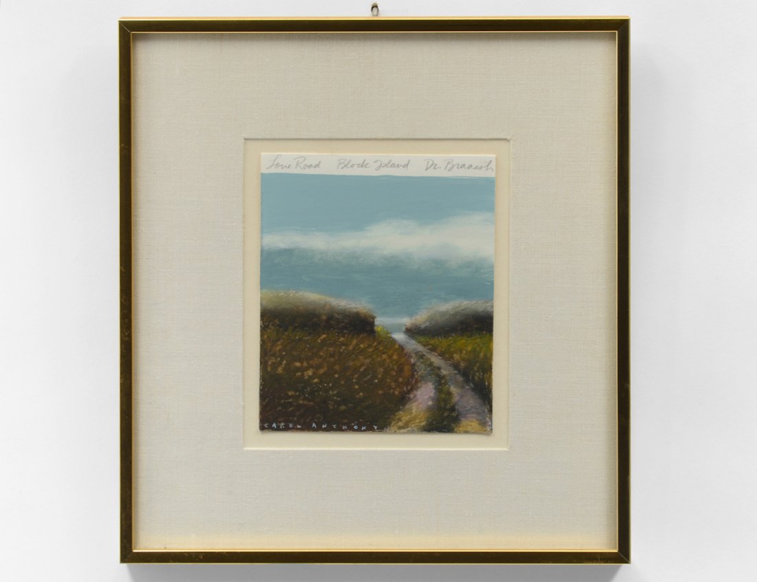 CAROL ANTHONY (American. Born 1943): ”Lone Road Block Island Dr. Branch”. Signed l/l. Verso inscribed with personal note from the artist and Willa Cather quote. Gouache on Paper. Measuring 7” by 5 1/2”. Framed under Plexiglas. (C