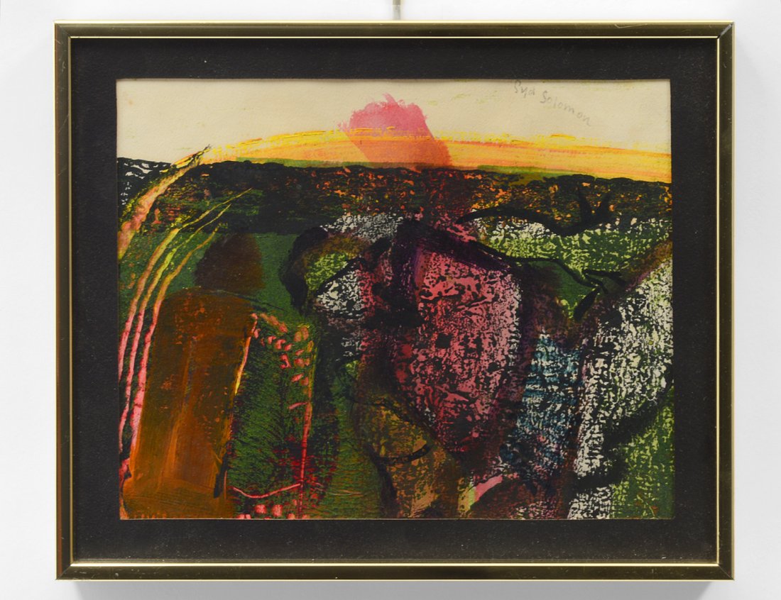SYD SOLOMON (American. 1917-2004): “Roundout”. Signed u/r. Verso titled and dated 1978. Drawing with Gouache and Oil Inks. Measuring 8” by 10”. Framed under glass. (Cond: good) (500/700)