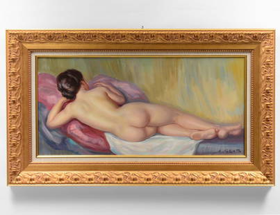 ALBERT GENTA (French. 1901-1989): “Reclining Nude”. Signed l/r. Oil on Canvas. Measuring 16” by 31”. (Cond: good) (300/400)