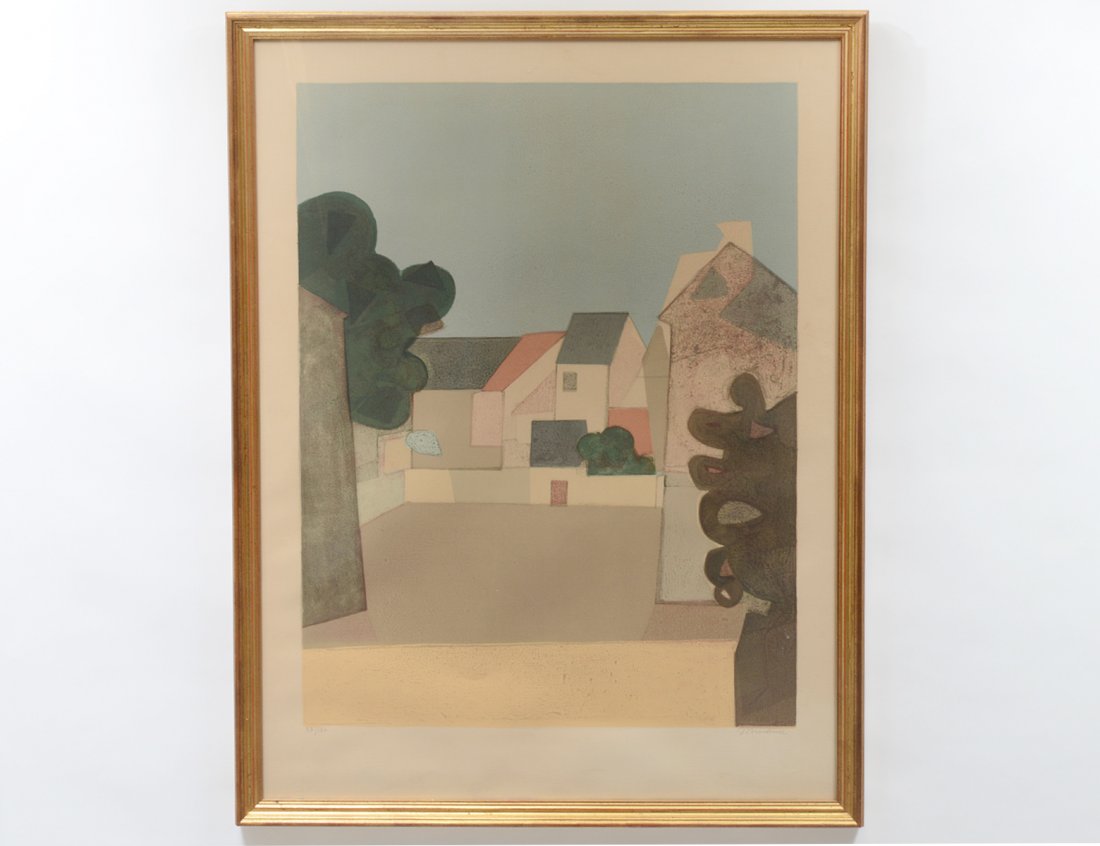 ANDRE MINAUX (French. 1923-1986): “Houses”. Signed in pencil l/r. Numbered 57/150. Color Lithograph. Measuring 30” by 22 1/4”. Framed under Plexiglas. (Cond: good) (50/100)