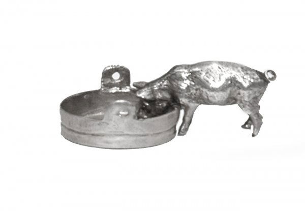 Silver Miniature Pig and Trough: Silver Miniature Pig and Trough. 2 5/8 inch long hog feeding from circular handled trough with stamp 88 and 2 obscure marks on base in good condition. Shipping 18.00 (100/150)
