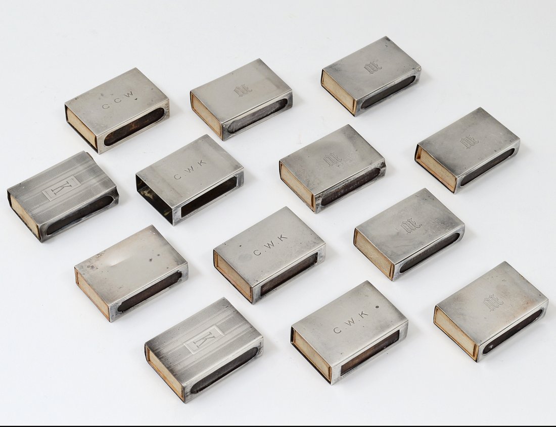 SET OF THIRTEEN STERLING SILVER MATCH BOX HOLDERS (1 of 1)