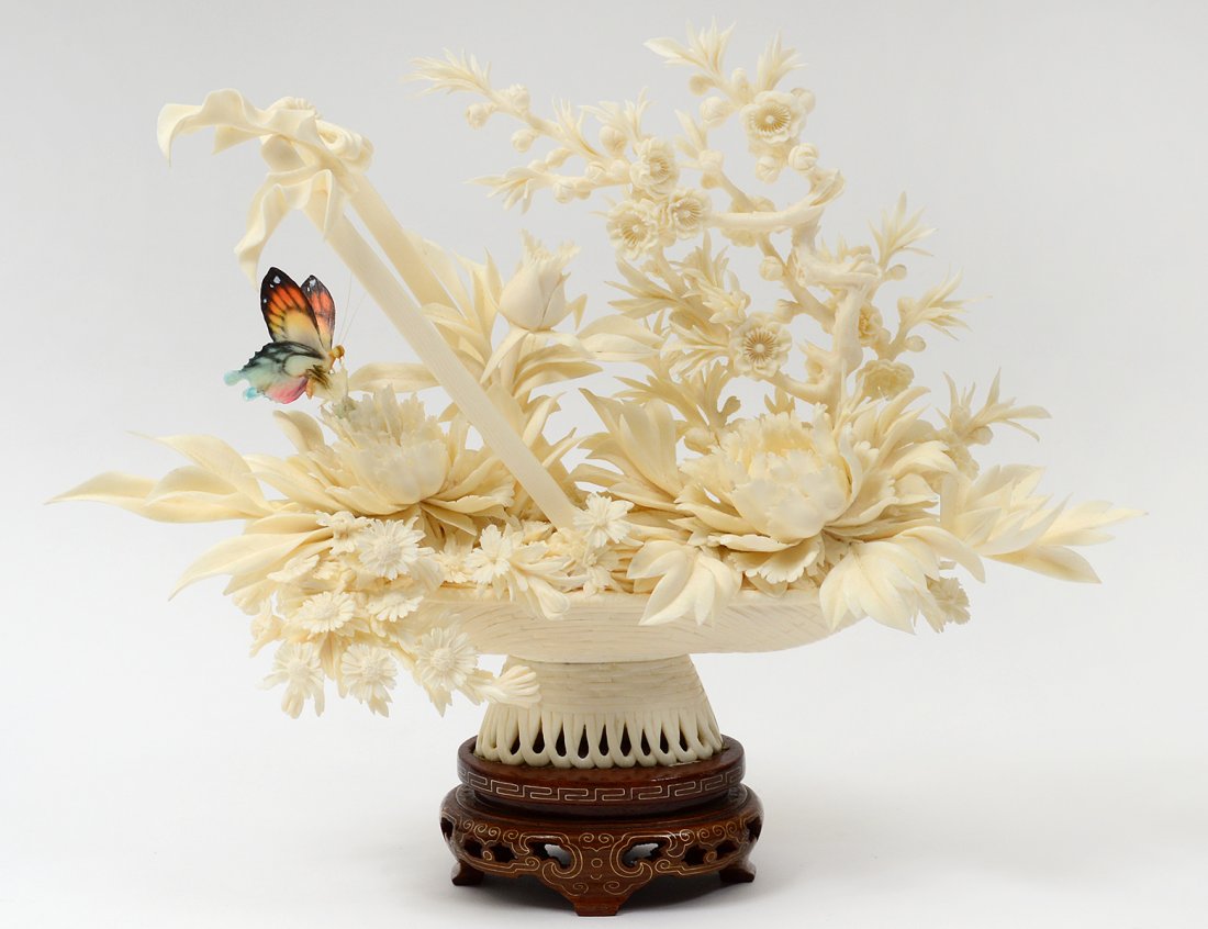FINELY CARVED IVORY FLORAL BASKET (1 of 9)