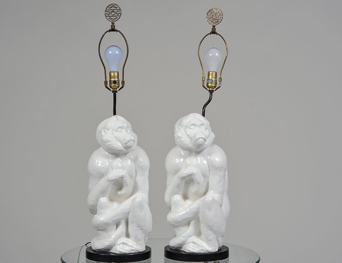 PAIR OF BLANC DE CHINE POTTERY MONKEY LAMPS (1 of 2)