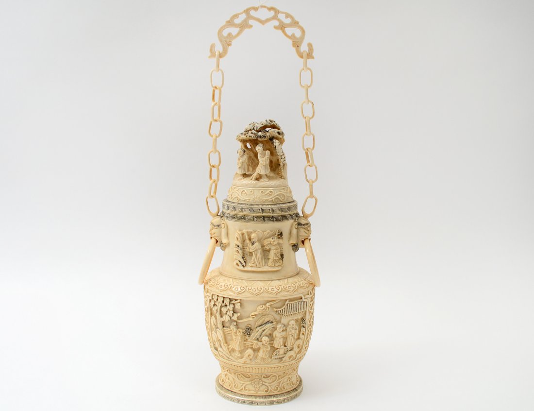 CARVED IVORY HANGING VASE AND COVER (1 of 10)