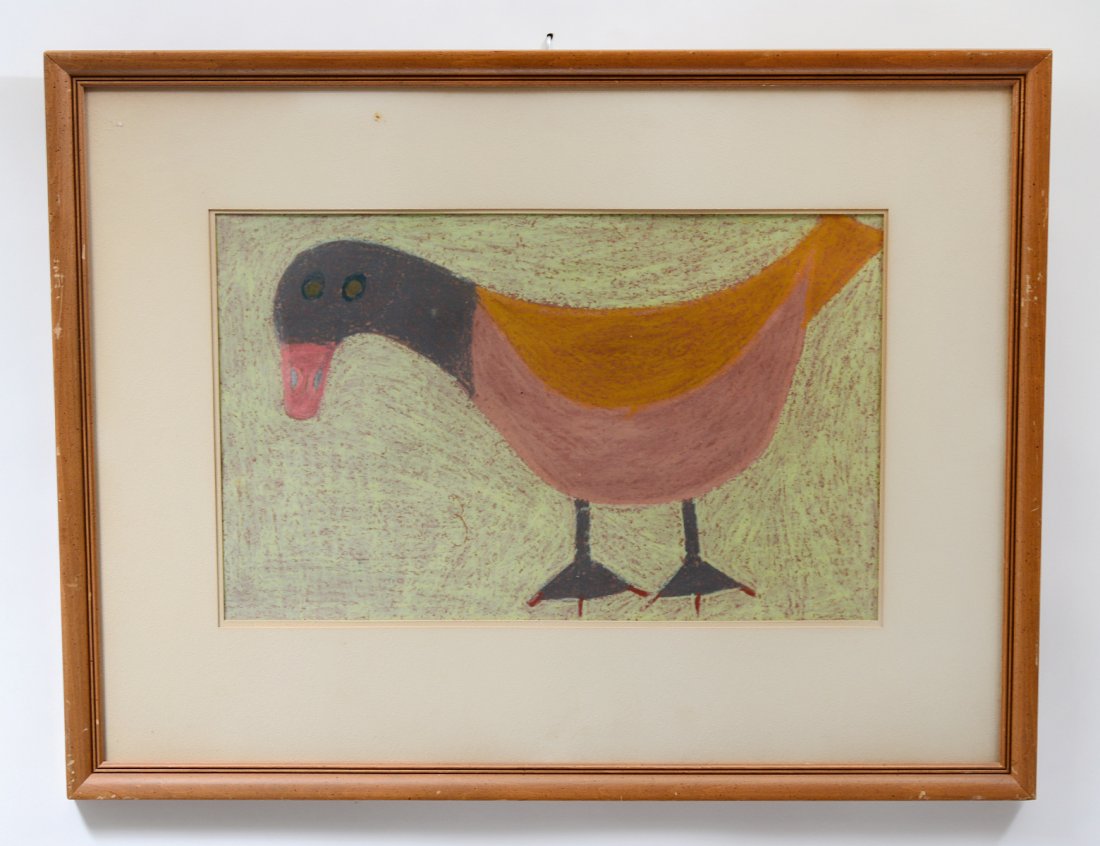 EDDIE ARNING (American. 1898-1993): “Stylized Duck”. No visible signature. Cray Pas on Paper. Measuring 12” by 19 1/2”. Framed under glass. (Cond: good) (800/1200) Provenance: Country Store Gallery, Austin, TX
