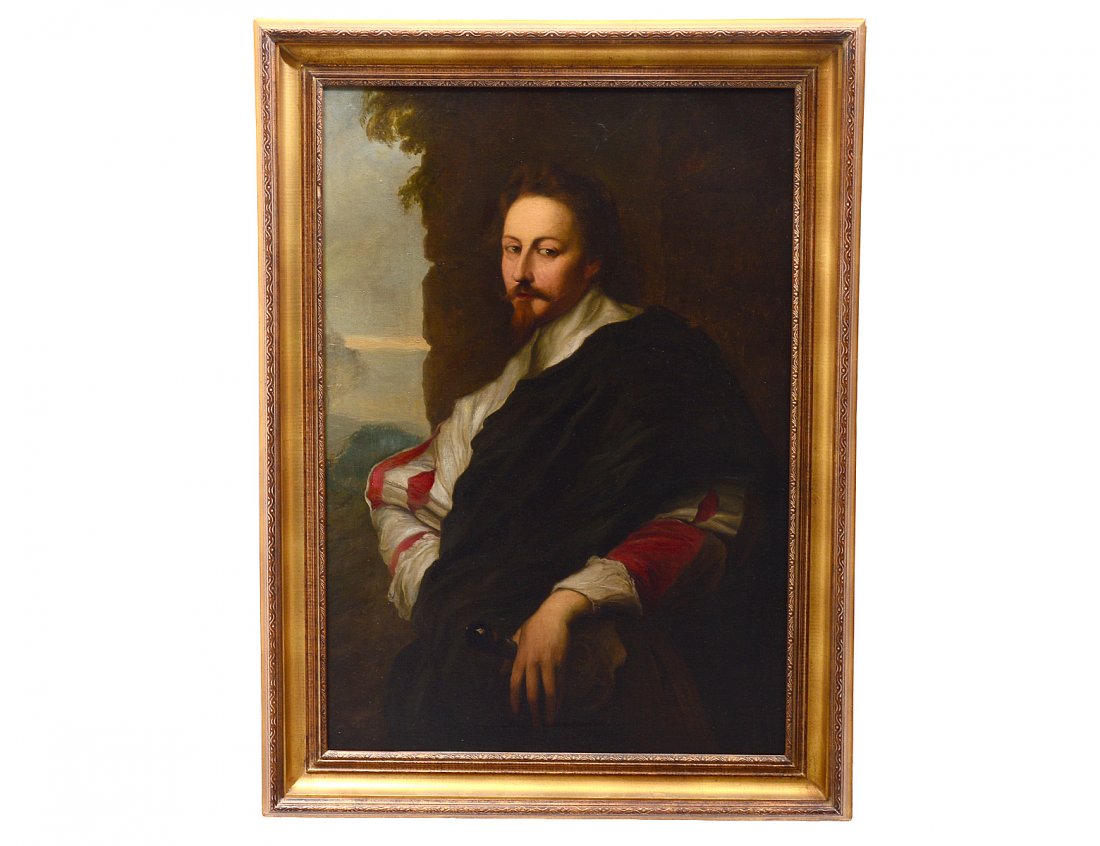 ENGLISH SCHOOL (19th Century): “Portrait of a Cavalier”. Indistinct signature l/l. Inscribed School Van Dyck. Oil on Canvas. Measuring 39 1/4” by 27 1/2”. Framed. (Cond: relined, darkening of varnish) (500/700)