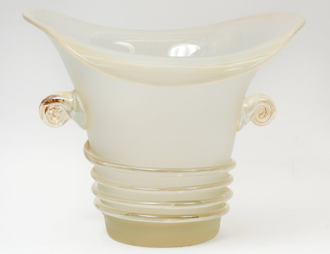 HAND BLOWN RIBBED STUDIO GLASS WINE COOLER: Italian. Signed. Of hat form. Height 11 ¾”. (300/400)