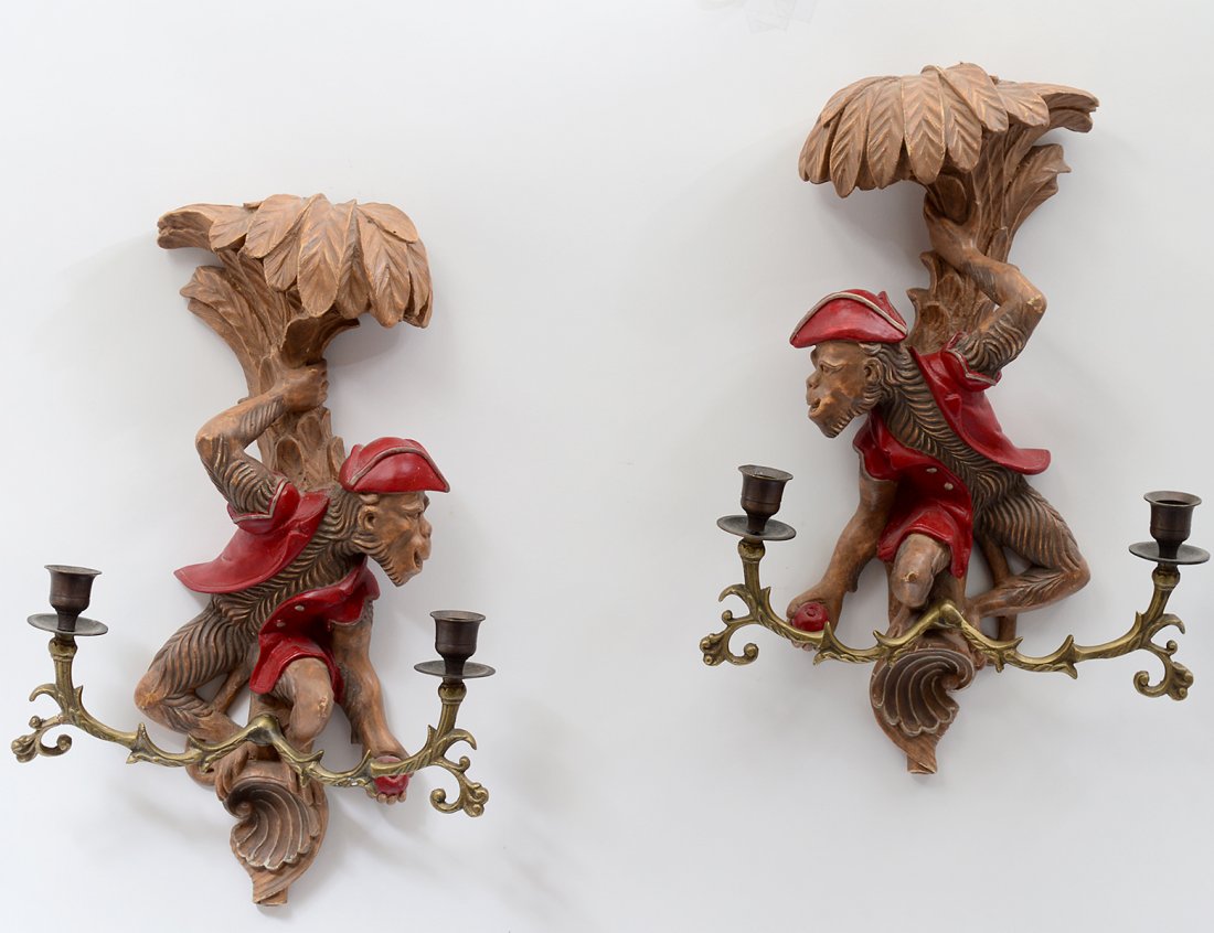 PAIR OF BRASS AND PAINTED COMPOSITION MONKEY SCONCES (1 of 3)
