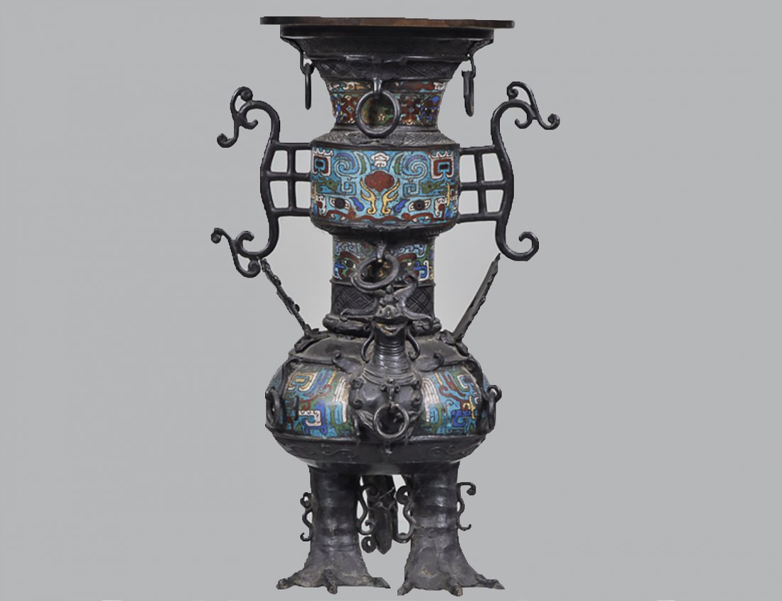 LARGE BRONZE AND CHAMPLEVE ENAMEL VASE (1 of 3)