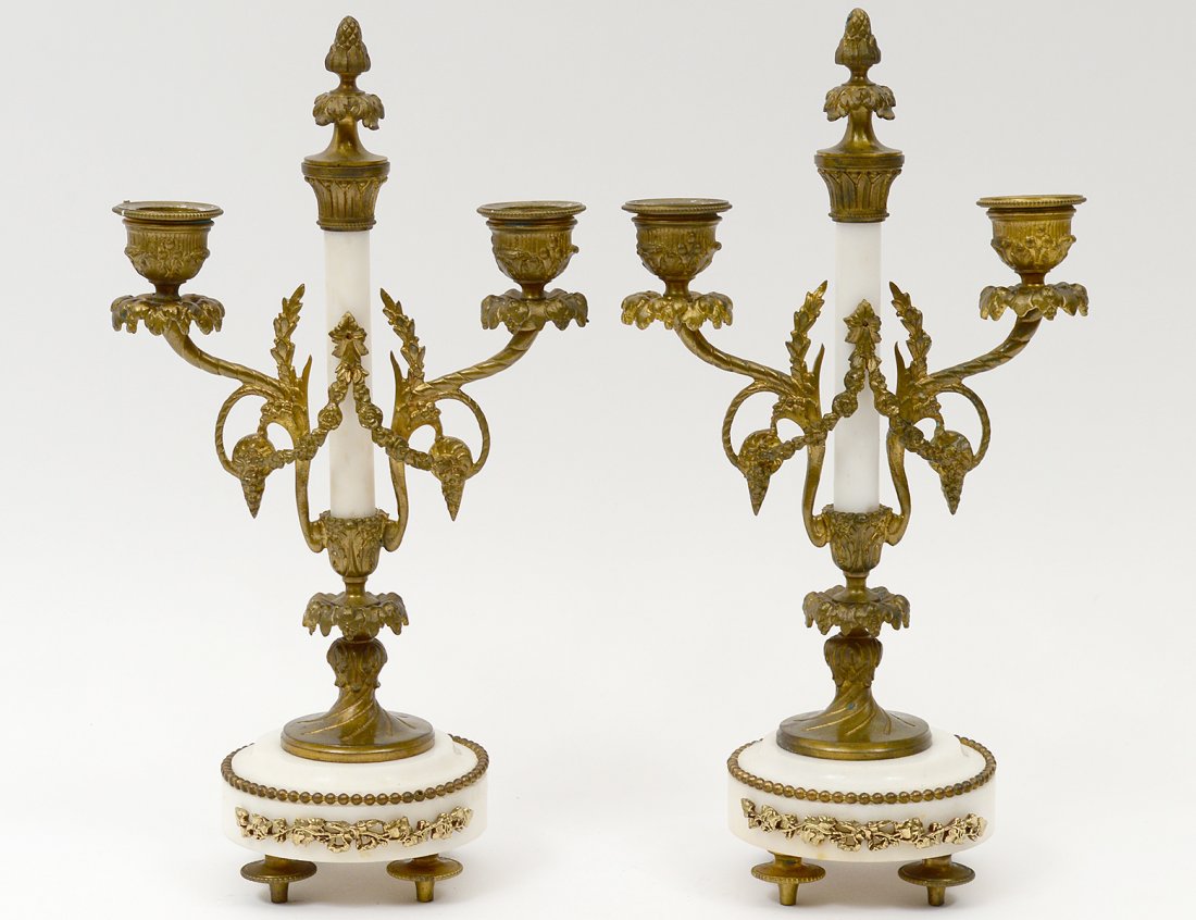 PAIR OF GILT BRONZE AND MARBLE TWO LIGHT CANDELABRAS (1 of 5)